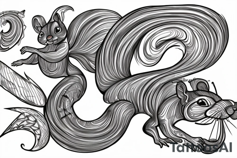 the interlacing of the line in the trable style, the contour resembles a squirrel that stretches behind a nut, the head at the bottom, the tail at the top tattoo idea