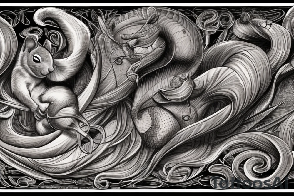 the interlacing of the line in the trable style, the contour resembles a squirrel that stretches behind a nut, the head at the bottom, the tail at the top tattoo idea