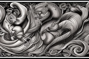the interlacing of the line in the trable style, the contour resembles a squirrel that stretches behind a nut, the head at the bottom, the tail at the top tattoo idea
