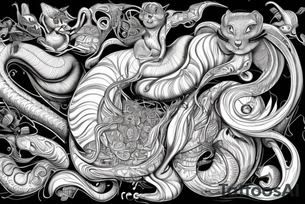the interlacing of the line in the trable style, the contour resembles a squirrel that stretches behind a nut, the head at the bottom, the tail at the top tattoo idea