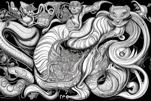 the interlacing of the line in the trable style, the contour resembles a squirrel that stretches behind a nut, the head at the bottom, the tail at the top tattoo idea
