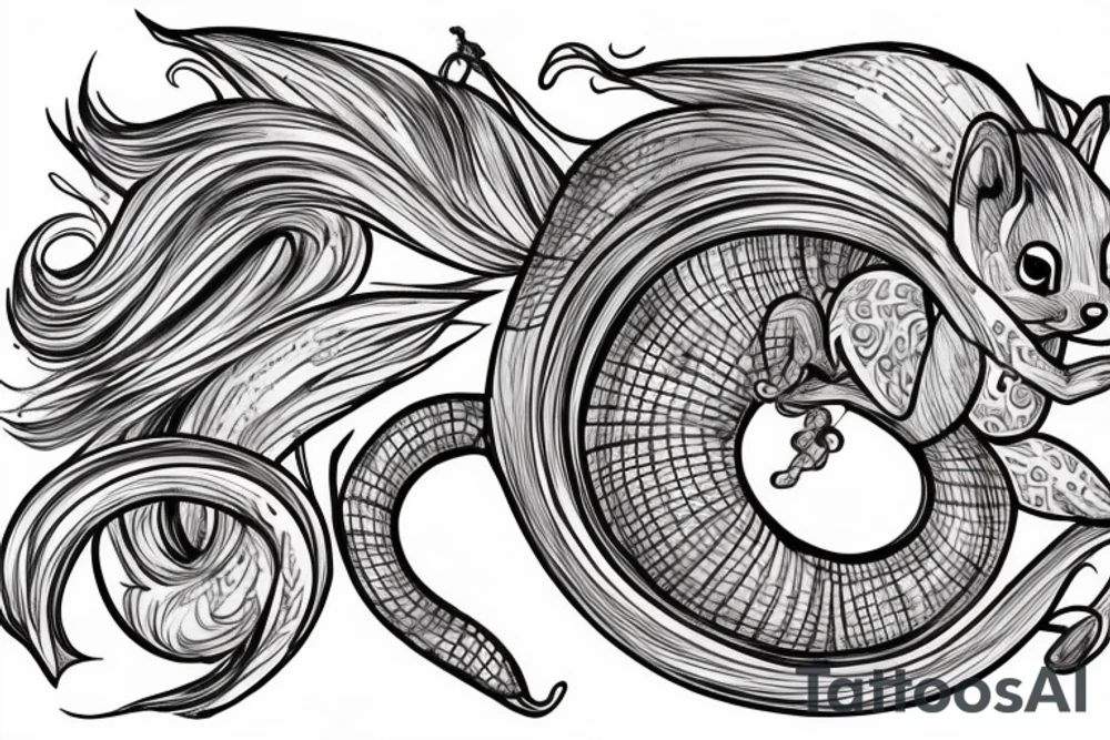 the interlacing of the line in the trable style, the contour resembles a squirrel that stretches behind a nut, the head at the bottom, the tail at the top tattoo idea