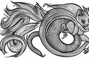 the interlacing of the line in the trable style, the contour resembles a squirrel that stretches behind a nut, the head at the bottom, the tail at the top tattoo idea