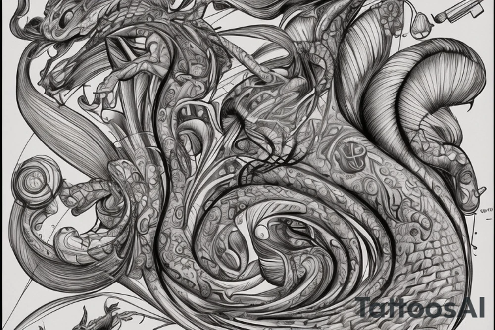 the interlacing of the line in the trable style, the contour resembles a squirrel that stretches behind a nut, the head at the bottom, the tail at the top tattoo idea