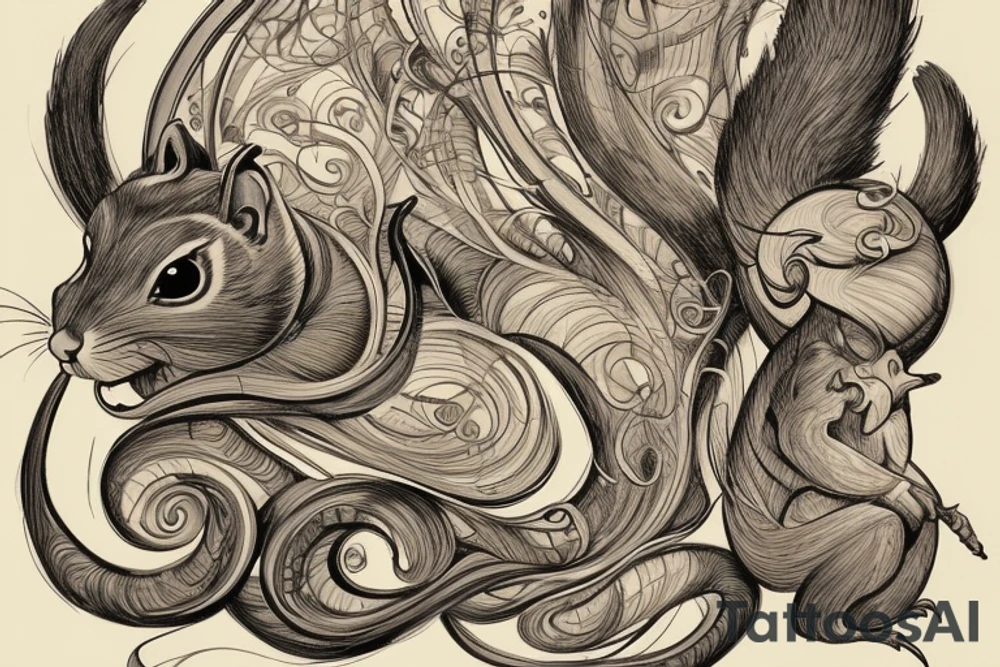 the interlacing of the line in the trable style, the contour resembles a squirrel that stretches behind a nut, the head at the bottom, the tail at the top tattoo idea