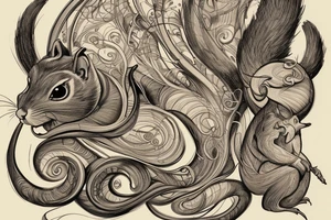 the interlacing of the line in the trable style, the contour resembles a squirrel that stretches behind a nut, the head at the bottom, the tail at the top tattoo idea
