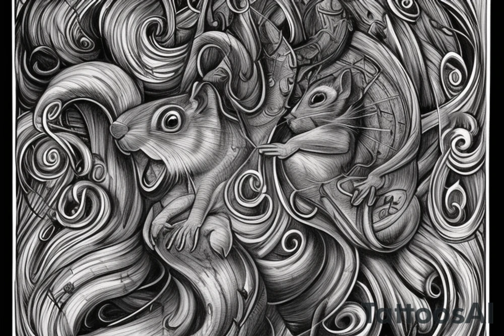 the interlacing of the line in the trable style, the contour resembles a squirrel that stretches behind a nut, the head at the bottom, the tail at the top tattoo idea