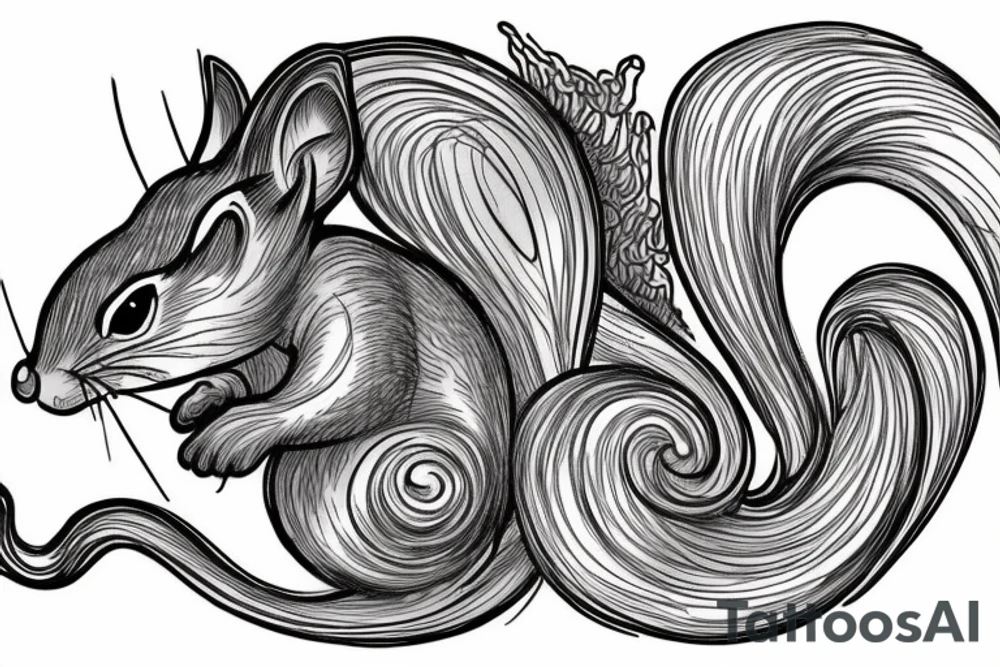 the interlacing of the line in the trable style, the contour resembles a squirrel that stretches behind a nut, the head at the bottom, the tail at the top tattoo idea
