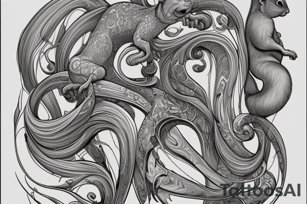 the interlacing of the line in the trable style, the contour resembles a squirrel that stretches behind a nut, the head at the bottom, the tail at the top tattoo idea