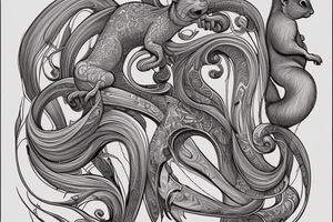 the interlacing of the line in the trable style, the contour resembles a squirrel that stretches behind a nut, the head at the bottom, the tail at the top tattoo idea