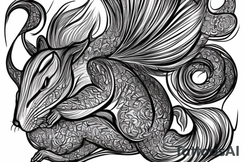 the interlacing of the line in the trable style, the contour resembles a squirrel that stretches behind a nut, the head at the bottom, the tail at the top tattoo idea