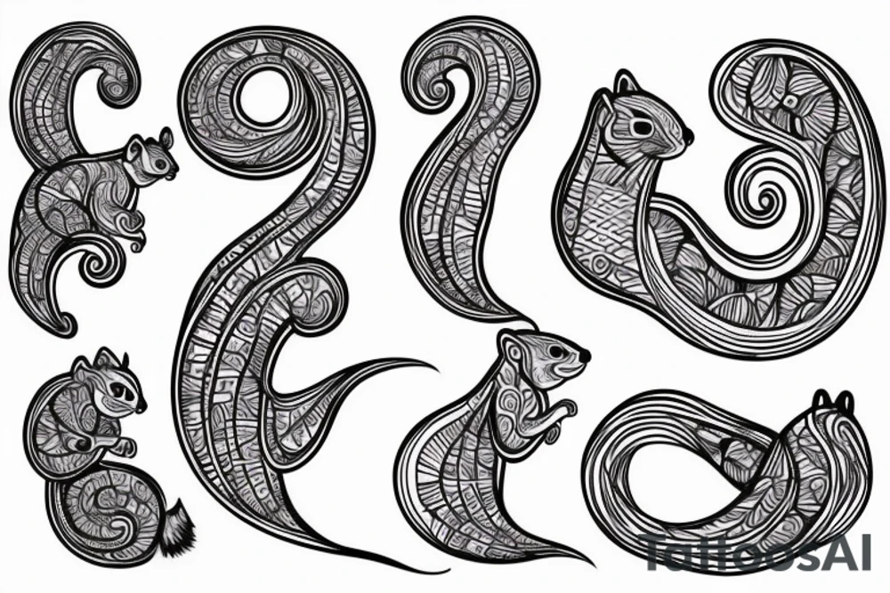 the interlacing of the line in the trable style, the contour resembles a squirrel that stretches behind a nut, the head at the bottom, the tail at the top tattoo idea