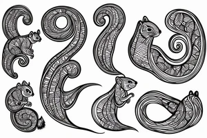 the interlacing of the line in the trable style, the contour resembles a squirrel that stretches behind a nut, the head at the bottom, the tail at the top tattoo idea