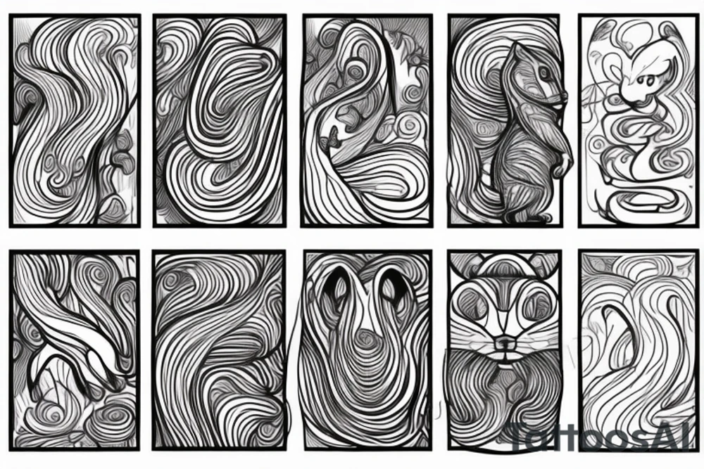 the interlacing of the line in the trable style, the contour resembles a squirrel that stretches behind a nut, the head at the bottom, the tail at the top tattoo idea