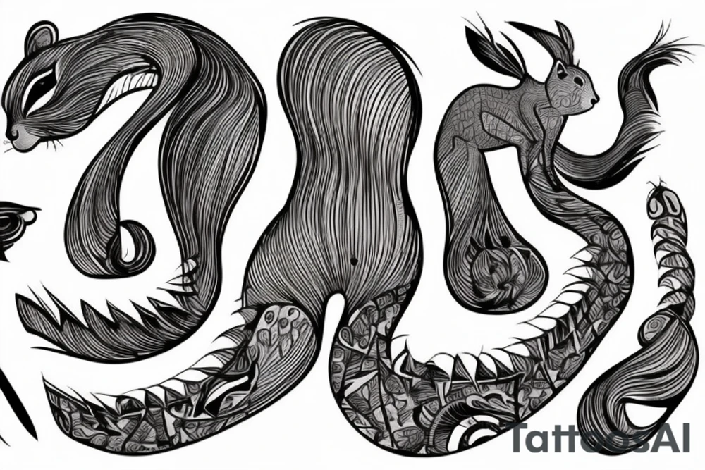 the interlacing of the line in the trable style, the contour resembles a squirrel that stretches behind a nut, the head at the bottom, the tail at the top tattoo idea