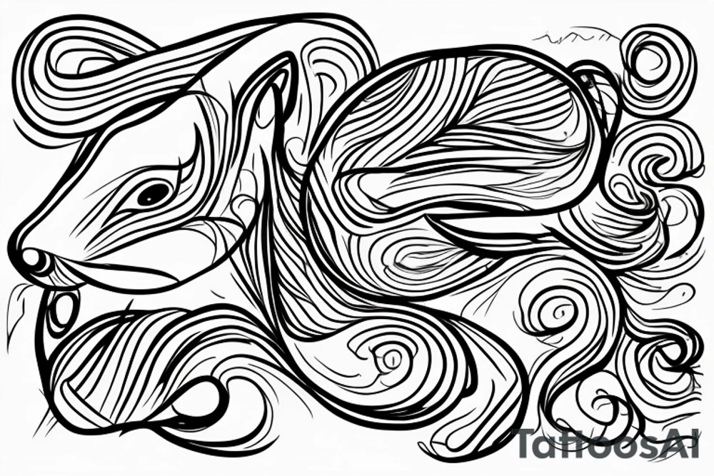 the interlacing of the line in the trable style, the contour resembles a squirrel that stretches behind a nut, the head at the bottom, the tail at the top tattoo idea