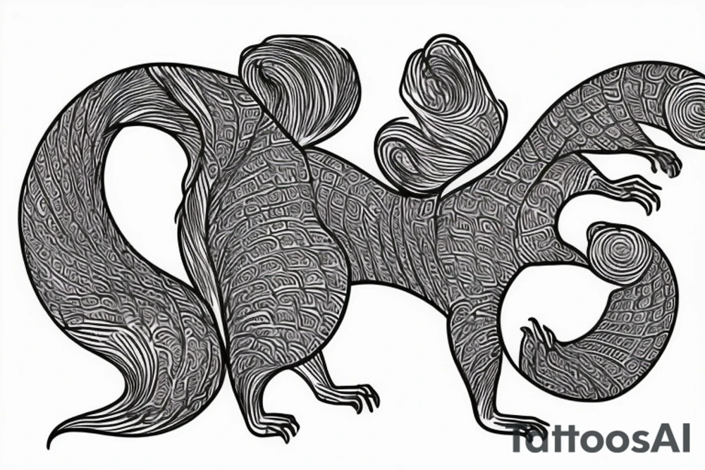 the interlacing of the line in the trable style, the contour resembles a squirrel that stretches behind a nut, the head at the bottom, the tail at the top tattoo idea