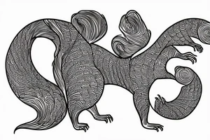 the interlacing of the line in the trable style, the contour resembles a squirrel that stretches behind a nut, the head at the bottom, the tail at the top tattoo idea