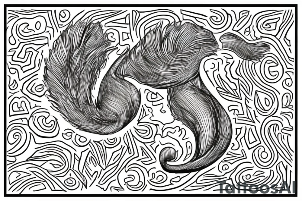 the interlacing of the line in the trable style, the contour resembles a squirrel that stretches behind a nut, the head at the bottom, the tail at the top tattoo idea