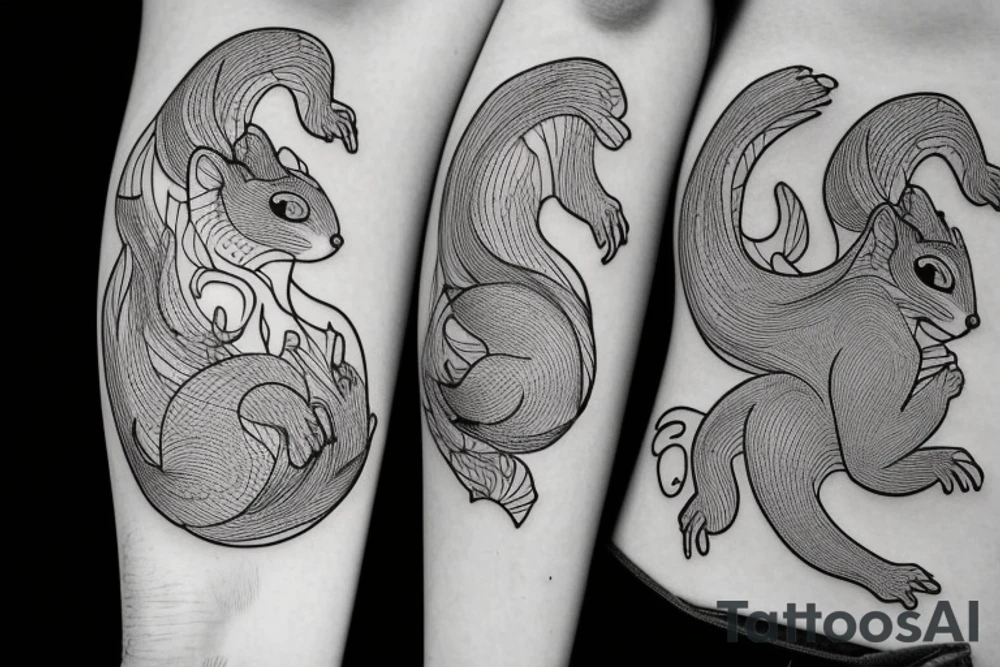 the interlacing of the line in the trable style, the contour resembles a squirrel that stretches behind a nut, the head at the bottom, the tail at the top tattoo idea