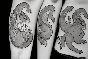 the interlacing of the line in the trable style, the contour resembles a squirrel that stretches behind a nut, the head at the bottom, the tail at the top tattoo idea