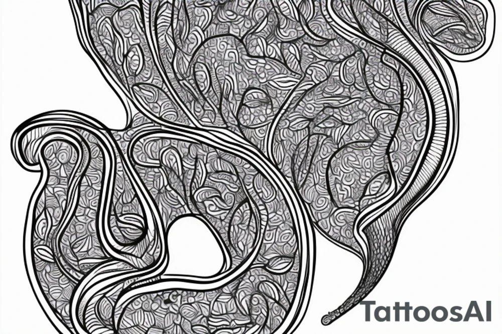 the interlacing of the line in the trable style, the contour resembles a squirrel that stretches behind a nut, the head at the bottom, the tail at the top tattoo idea