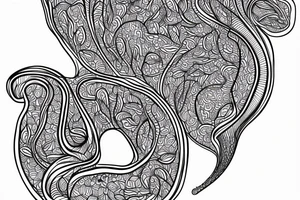 the interlacing of the line in the trable style, the contour resembles a squirrel that stretches behind a nut, the head at the bottom, the tail at the top tattoo idea