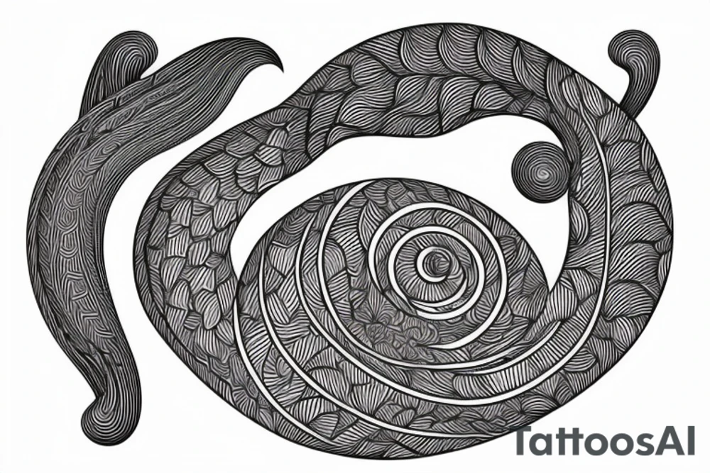the interlacing of the line in the trable style, the contour resembles a squirrel that stretches behind a nut, the head at the bottom, the tail at the top tattoo idea