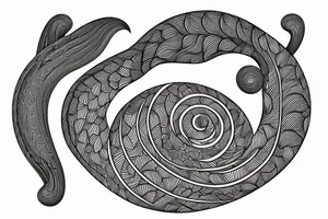 the interlacing of the line in the trable style, the contour resembles a squirrel that stretches behind a nut, the head at the bottom, the tail at the top tattoo idea