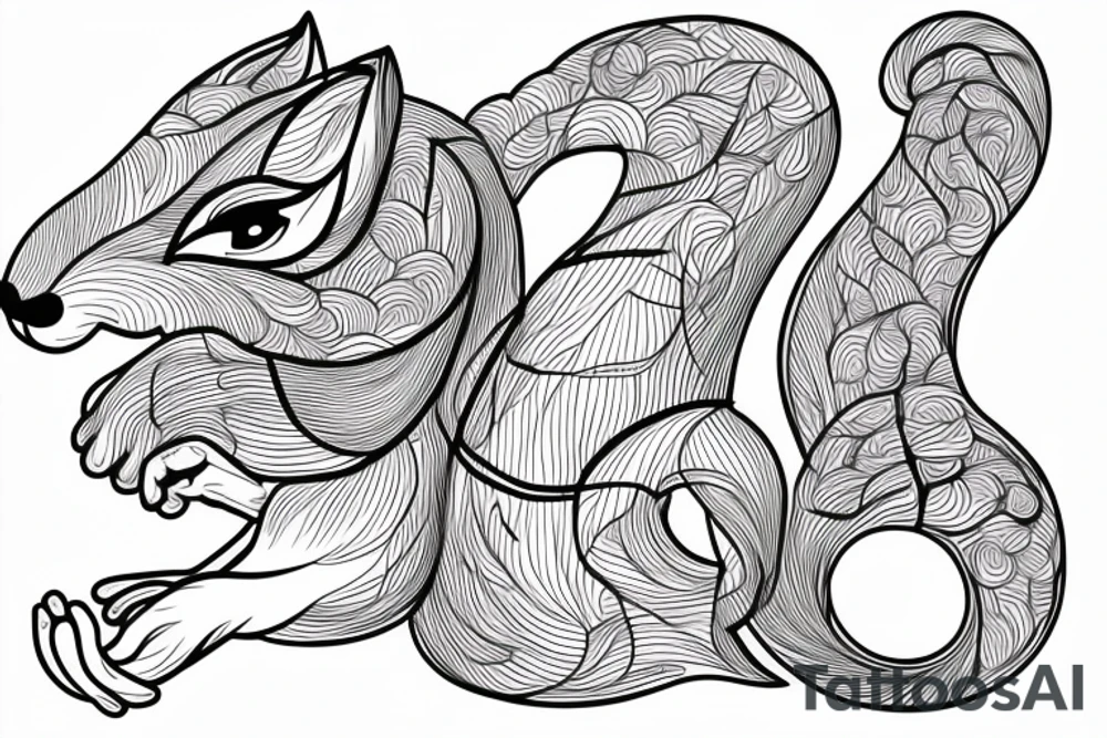 the interlacing of the line in the trable style, the contour resembles a squirrel that stretches behind a nut, the head at the bottom, the tail at the top tattoo idea