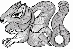the interlacing of the line in the trable style, the contour resembles a squirrel that stretches behind a nut, the head at the bottom, the tail at the top tattoo idea