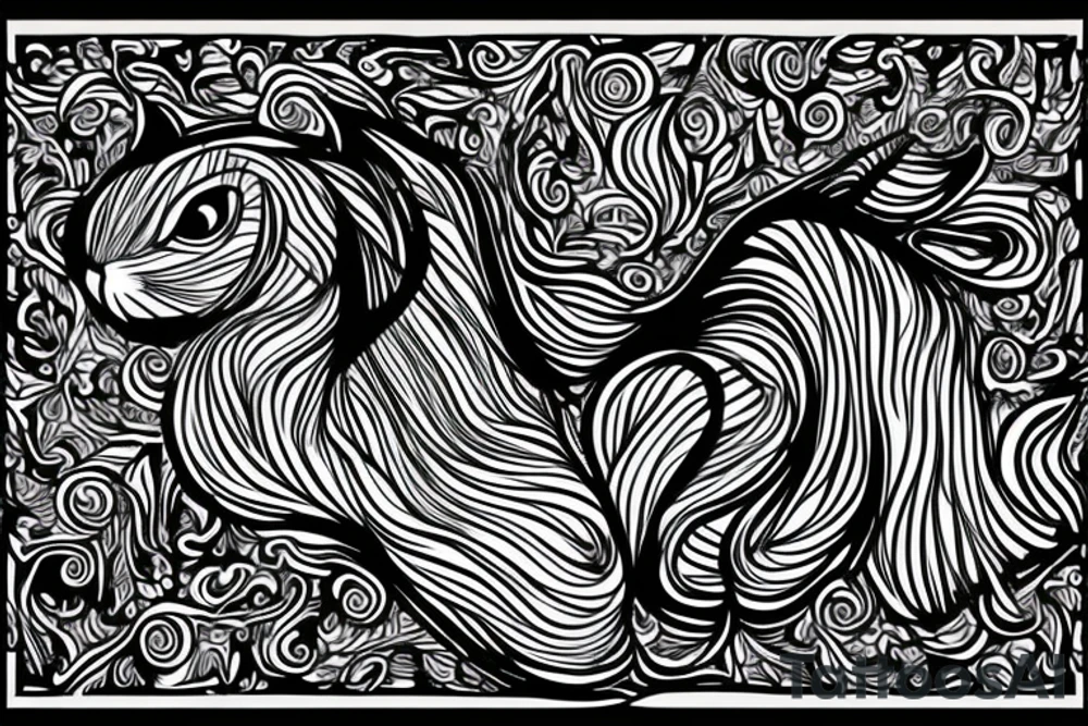 the interlacing of the line in the trable style, the contour resembles a squirrel that stretches behind a nut, the head at the bottom, the tail at the top tattoo idea