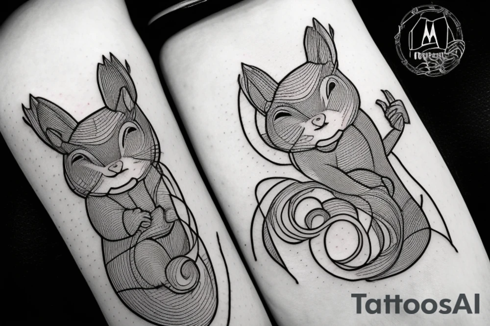 the interlacing of the line in the trable style, the contour resembles a squirrel that stretches behind a nut, the head at the bottom, the tail at the top tattoo idea
