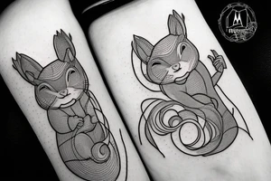 the interlacing of the line in the trable style, the contour resembles a squirrel that stretches behind a nut, the head at the bottom, the tail at the top tattoo idea