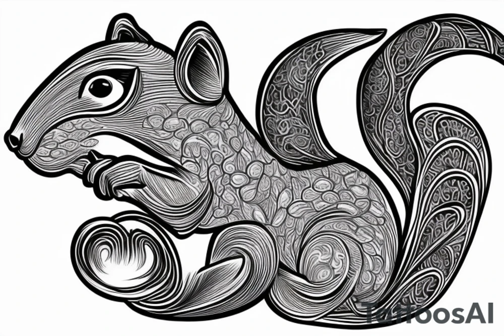 the interlacing of the line in the trable style, the contour resembles a squirrel that stretches behind a nut, the head at the bottom, the tail at the top tattoo idea