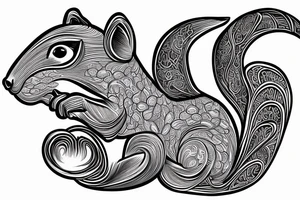 the interlacing of the line in the trable style, the contour resembles a squirrel that stretches behind a nut, the head at the bottom, the tail at the top tattoo idea