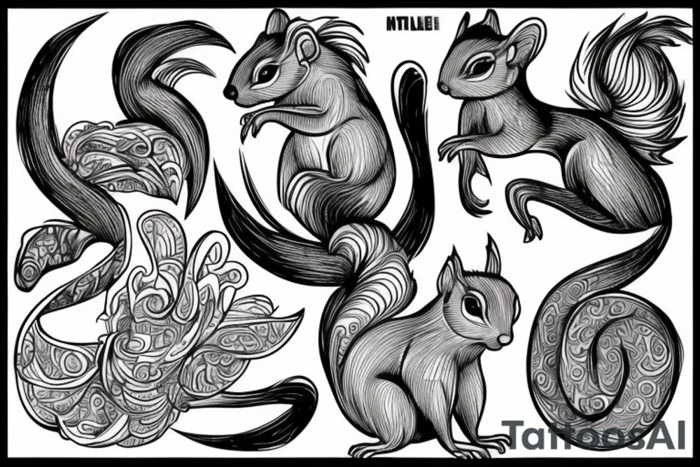 the interlacing of the line in the trable style, the contour resembles a squirrel that stretches behind a nut, the head at the bottom, the tail at the top tattoo idea