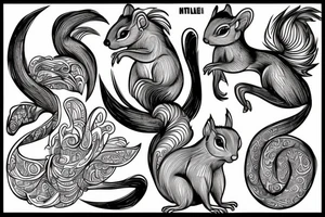 the interlacing of the line in the trable style, the contour resembles a squirrel that stretches behind a nut, the head at the bottom, the tail at the top tattoo idea