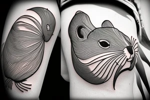 the interlacing of the line in the trable style, the contour resembles a squirrel that stretches behind a nut, the head at the bottom, the tail at the top tattoo idea