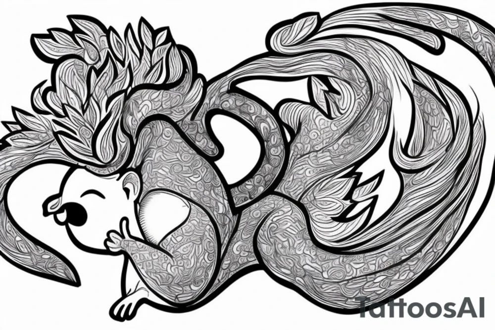 the interlacing of the line in the trable style, the contour resembles a squirrel that stretches behind a nut, the head at the bottom, the tail at the top tattoo idea