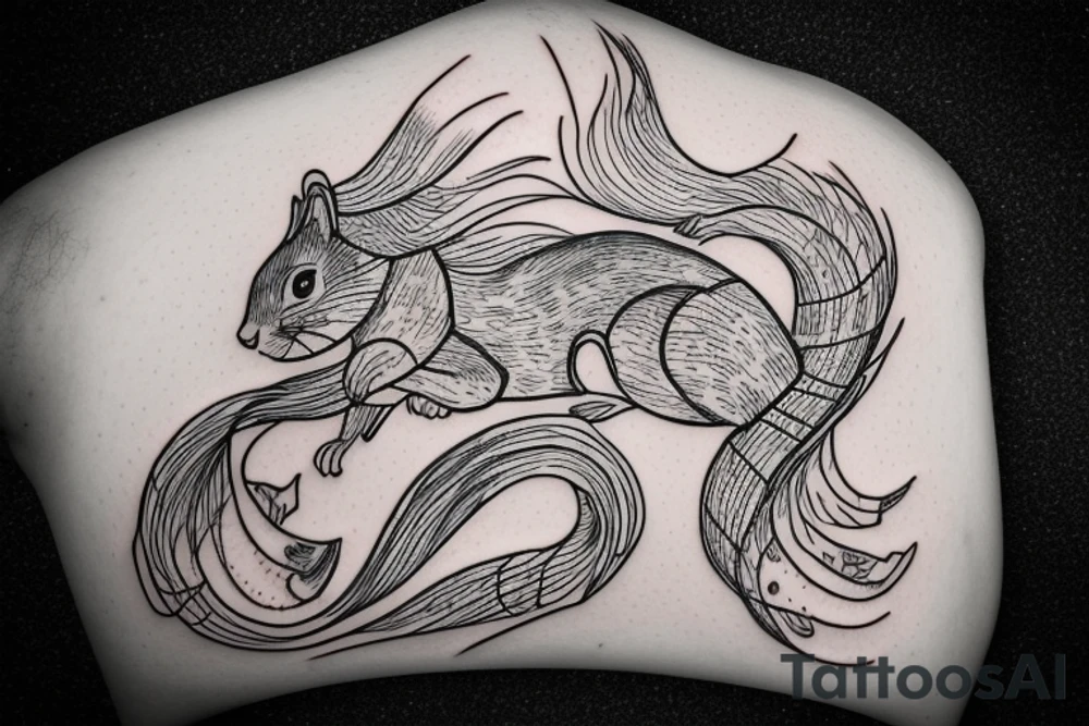 the interlacing of the line in the trable style, the contour resembles a squirrel that stretches behind a nut, the head at the bottom, the tail at the top tattoo idea