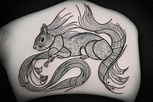 the interlacing of the line in the trable style, the contour resembles a squirrel that stretches behind a nut, the head at the bottom, the tail at the top tattoo idea