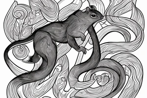 the interlacing of the line in the trable style, the contour resembles a squirrel that stretches behind a nut, the head at the bottom, the tail at the top tattoo idea