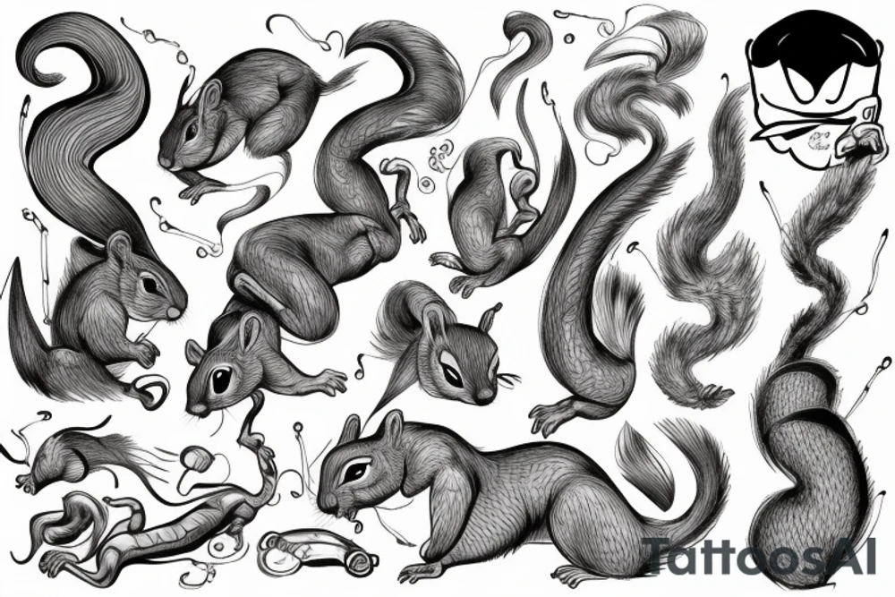the interlacing of the line, the contour resembles a squirrel that stretches behind a nut, the head at the bottom, the tail at the top tattoo idea