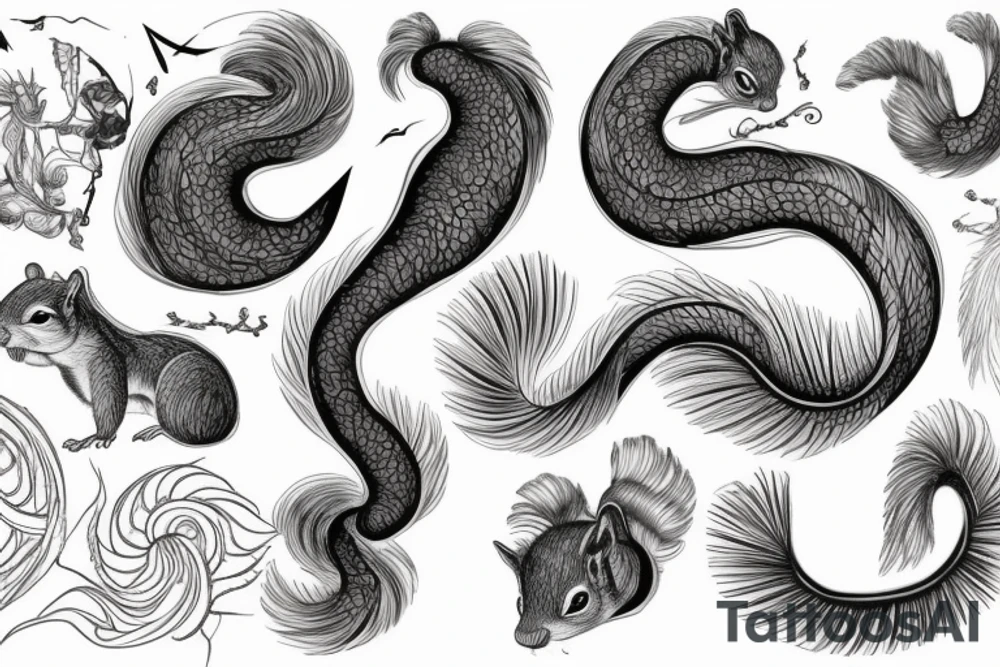 the interlacing of the line, the contour resembles a squirrel that stretches behind a nut, the head at the bottom, the tail at the top tattoo idea
