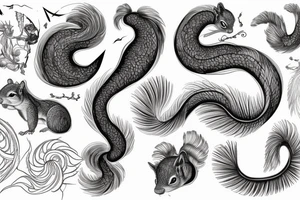 the interlacing of the line, the contour resembles a squirrel that stretches behind a nut, the head at the bottom, the tail at the top tattoo idea