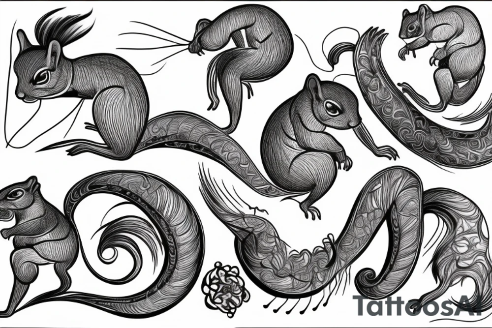 the interlacing of the line, the contour resembles a squirrel that stretches behind a nut, the head at the bottom, the tail at the top tattoo idea