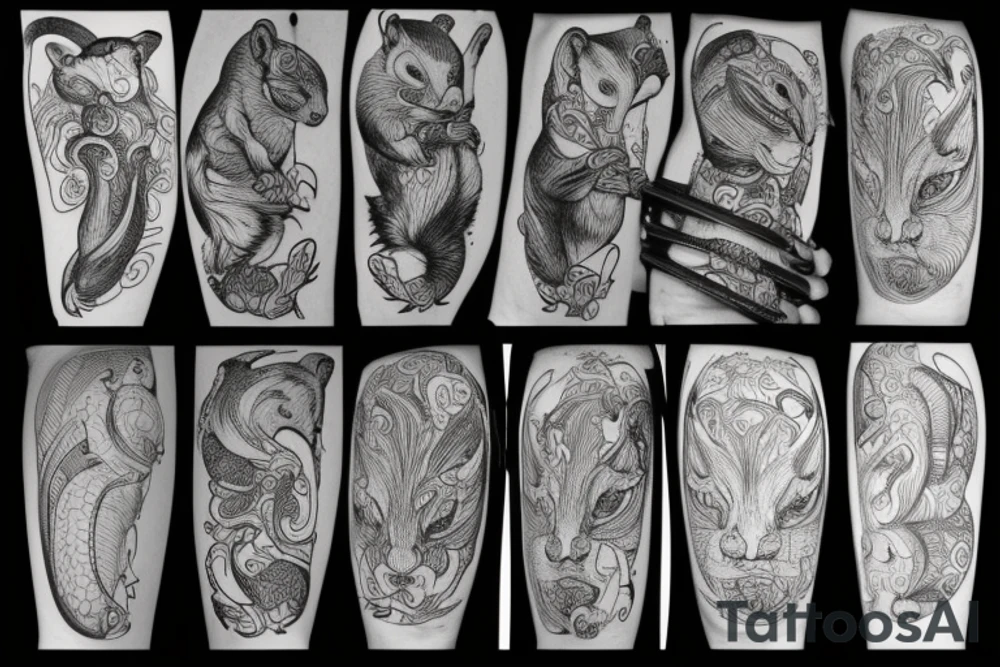 the interlacing of the line, the contour resembles a squirrel that stretches behind a nut, the head at the bottom, the tail at the top tattoo idea