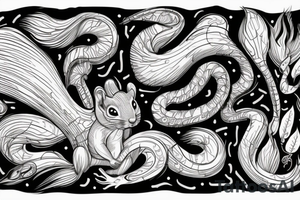 the interlacing of the line, the contour resembles a squirrel that stretches behind a nut, the head at the bottom, the tail at the top tattoo idea