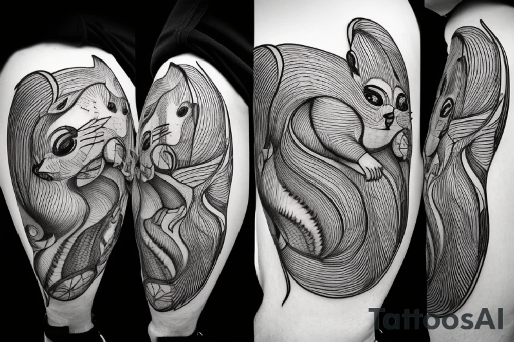 the interlacing of the line, the contour resembles a squirrel that stretches behind a nut, the head at the bottom, the tail at the top tattoo idea